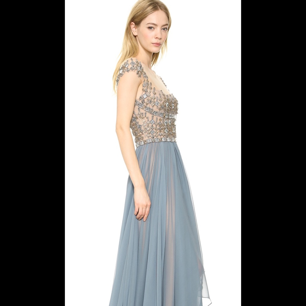 Reem Acra Embroidered Illusion Gown Blue Smoke - Picture 2 of 4